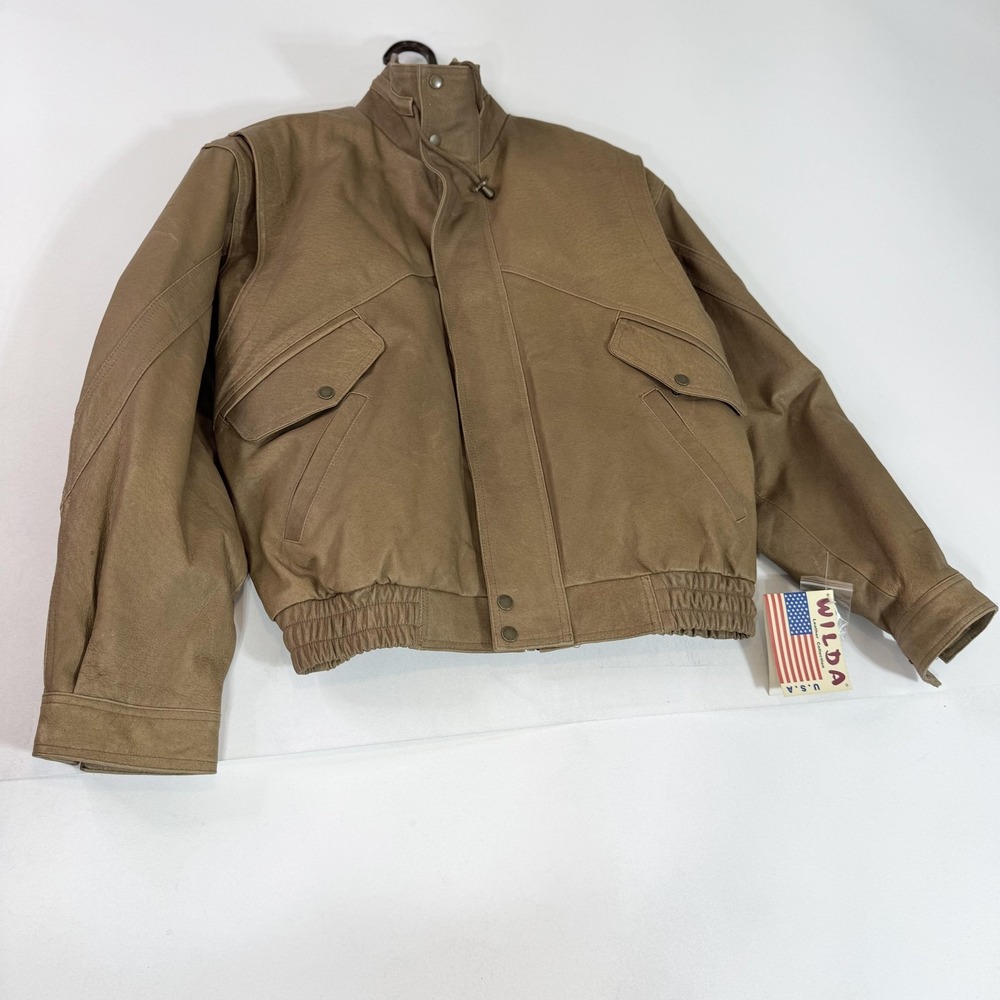 Wilda Leather Jacket Mens Large‎ Brown Bomber Zip Out Faux Fur Lined Pockets